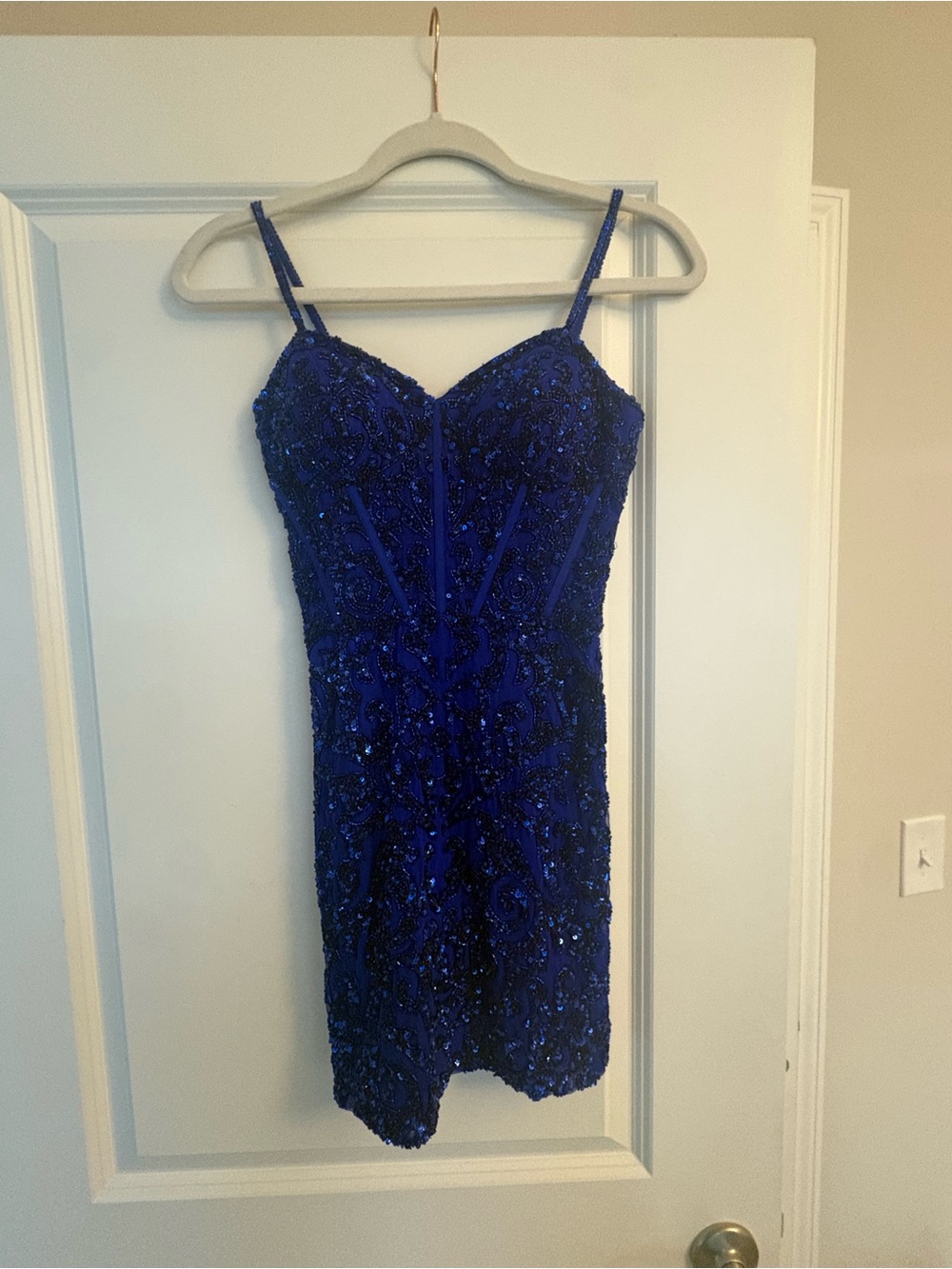 Blue Beaded Spaghetti-Strap Cocktail Dress